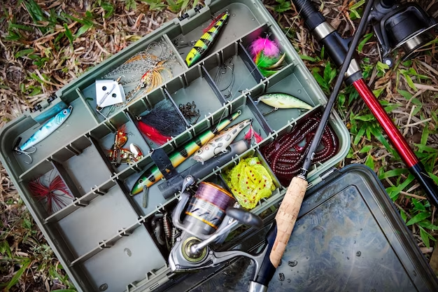 Aerial view of a tackle box on the grass with fishing stuff